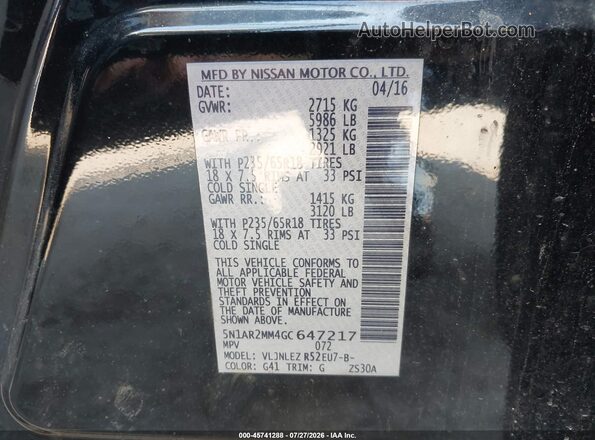 5N1AR2MM4GC647217 2016 NISSAN PATHFINDER Black Vista del compartimento del motor