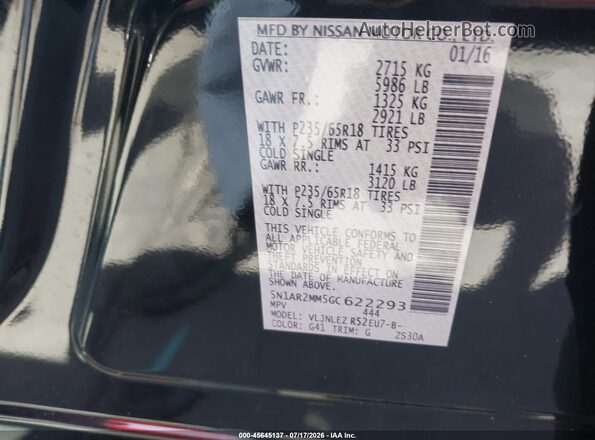 5N1AR2MM5GC622293 2016 NISSAN PATHFINDER Black Widok komory silnika