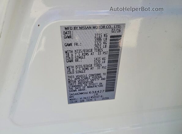 5N1AR2MM5GC634427 2016 NISSAN PATHFINDER White Շարժիչի բաժամունքի տեսք