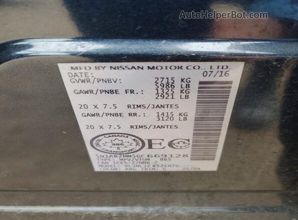 5N1AR2MM5GC669128 2016 NISSAN PATHFINDER Blue VIN კოდის სტიკერის ხედი