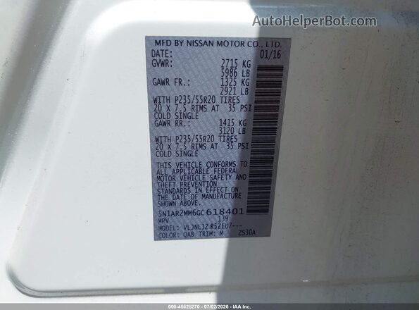 5N1AR2MM6GC618401 2016 NISSAN PATHFINDER White Engine compartment view