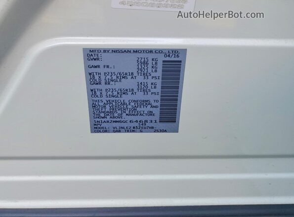 5N1AR2MM6GC646831 2016 NISSAN PATHFINDER White ძრავის განყოფილების ხედი
