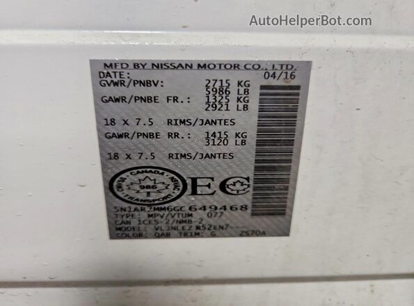 5N1AR2MM6GC649468 2016 NISSAN PATHFINDER White Vista de la etiqueta del VIN