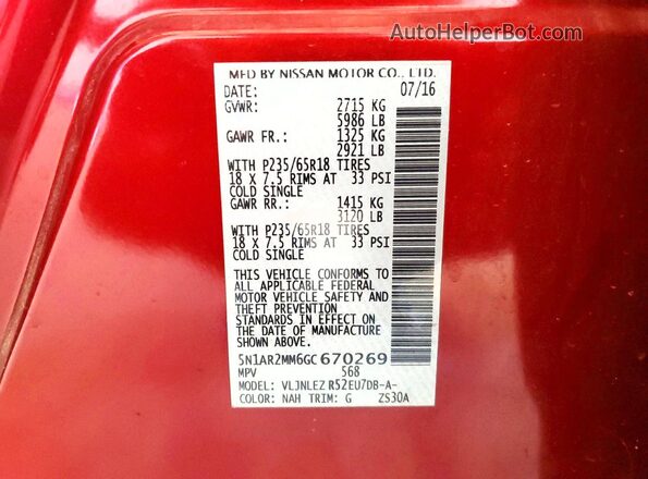 5N1AR2MM6GC670269 2016 NISSAN PATHFINDER Red VIN sticker view