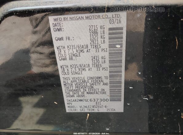 5N1AR2MM7GC637300 2016 NISSAN PATHFINDER Black ძრავის განყოფილების ხედი