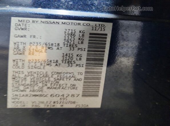 5N1AR2MM8GC604287 2016 NISSAN PATHFINDER Синий Вид наклейки с VIN-кодом