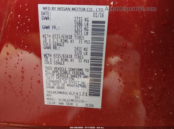 5N1AR2MM8GC624121 2016 NISSAN PATHFINDER Red Շարժիչի բաժամունքի տեսք