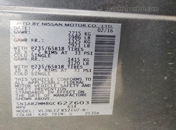 5N1AR2MM8GC627603 2016 NISSAN PATHFINDER Gray Vista de la etiqueta del VIN