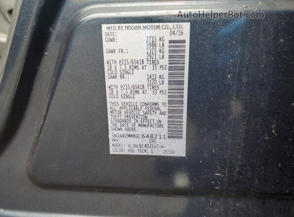 5N1AR2MM8GC648211 2016 NISSAN PATHFINDER Blue სალონის 360-გრადუსიანი ხედი