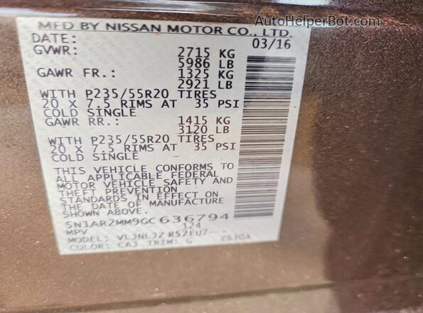 5N1AR2MM9GC636794 2016 NISSAN PATHFINDER Серый Вид наклейки с VIN-кодом