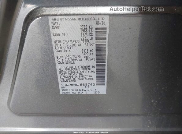5N1AR2MM9GC665762 2016 NISSAN PATHFINDER Gray Widok komory silnika