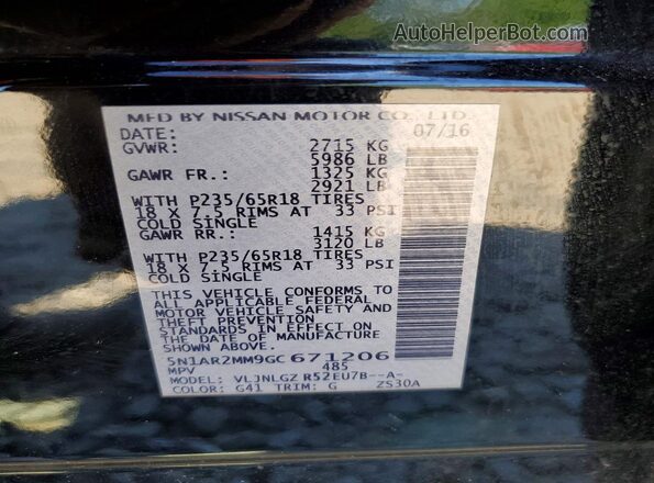 5N1AR2MM9GC671206 2016 NISSAN PATHFINDER Black Вид наклейки з VIN-кодом