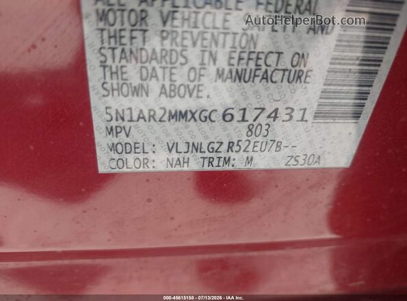 5N1AR2MMXGC617431 2016 NISSAN PATHFINDER Red ძრავის განყოფილების ხედი
