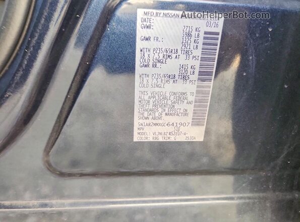 5N1AR2MMXGC641907 2016 NISSAN PATHFINDER Blue Vista del compartimento del motor