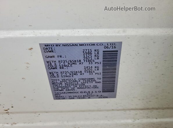 5N1AR2MN0GC664119 2016 NISSAN PATHFINDER White VIN կոդի պիտակի տեսք
