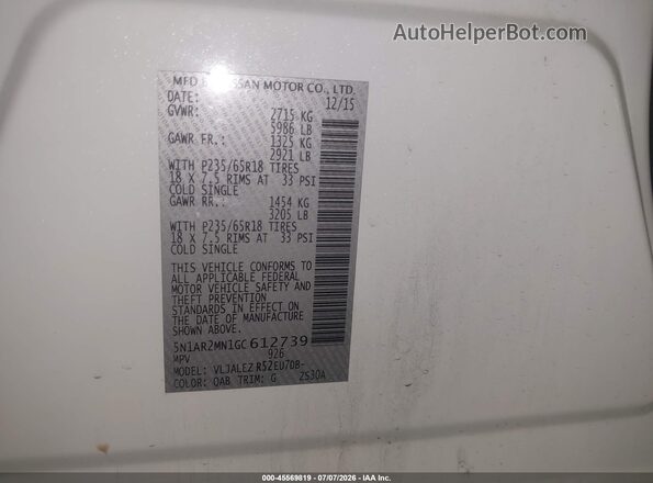 5N1AR2MN1GC612739 2016 NISSAN PATHFINDER White Вид підкапотного простору