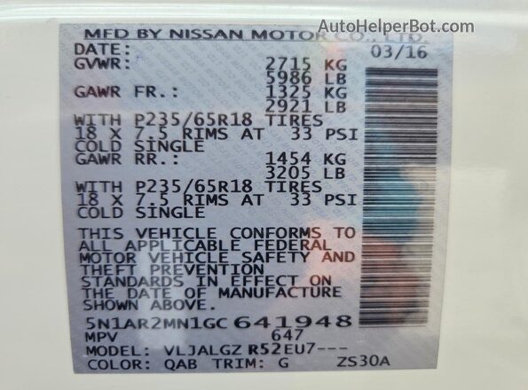 5N1AR2MN1GC641948 2016 NISSAN PATHFINDER Белый Вид наклейки с VIN-кодом