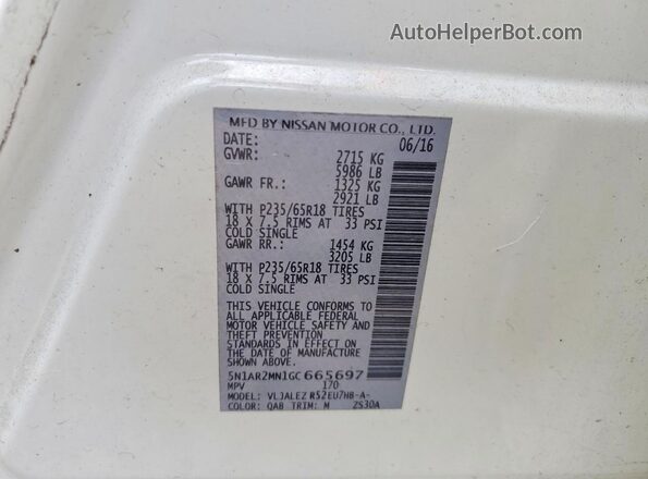 5N1AR2MN1GC665697 2016 NISSAN PATHFINDER White Widok naklejki z numerem VIN