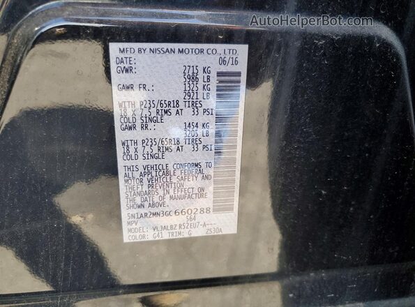 5N1AR2MN3GC660288 2016 NISSAN PATHFINDER Black Вид наклейки з VIN-кодом