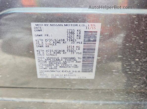 5N1AR2MN7GC604368 2016 NISSAN PATHFINDER Gray VIN կոդի պիտակի տեսք