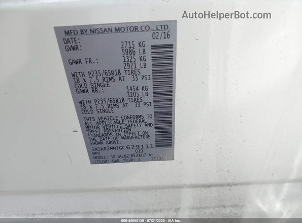 5N1AR2MN7GC629111 2016 NISSAN PATHFINDER White Engine compartment view