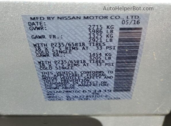 5N1AR2MN7GC653439 2016 NISSAN PATHFINDER Silver Widok naklejki z numerem VIN