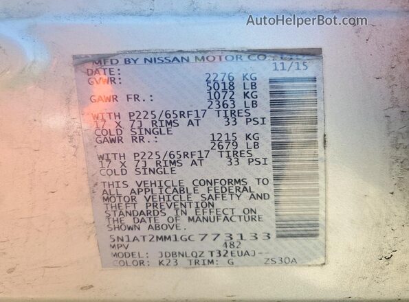 5N1AT2MM1GC773133 2016 NISSAN ROGUE Silver Widok naklejki z numerem VIN