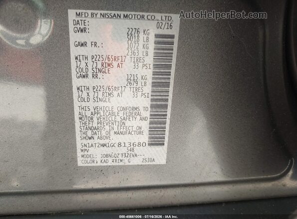5N1AT2MM1GC813680 2016 NISSAN ROGUE Gray Vista del compartimento del motor