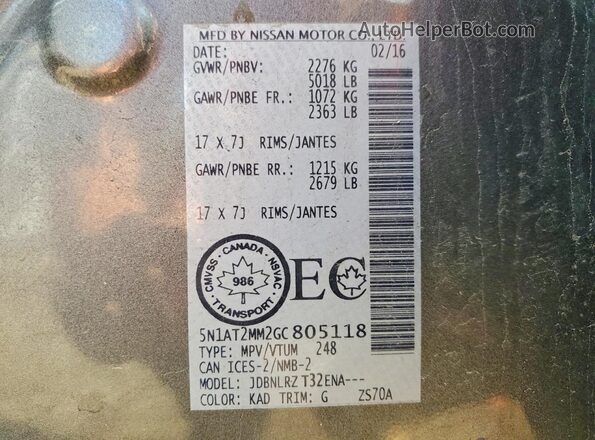 5N1AT2MM2GC805118 2016 NISSAN ROGUE Gray Vista interior de 360 grados