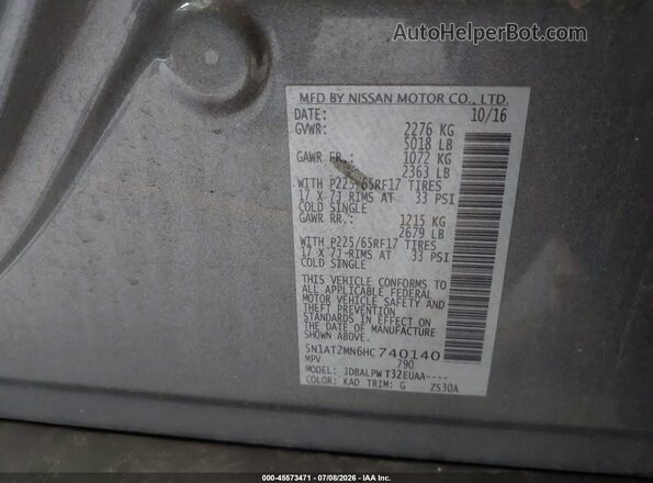 5N1AT2MN6HC740140 2017 NISSAN ROGUE Gray Շարժիչի բաժամունքի տեսք