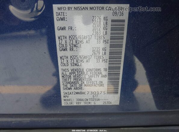 5N1AT2MN8HC730175 2017 NISSAN ROGUE Blue Widok komory silnika