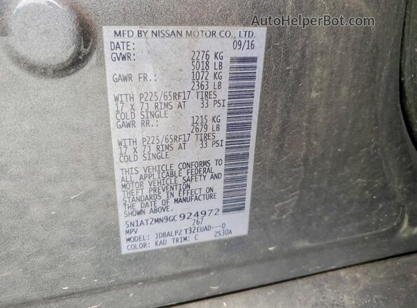5N1AT2MN9GC924972 2016 NISSAN ROGUE Gray VIN կոդի պիտակի տեսք