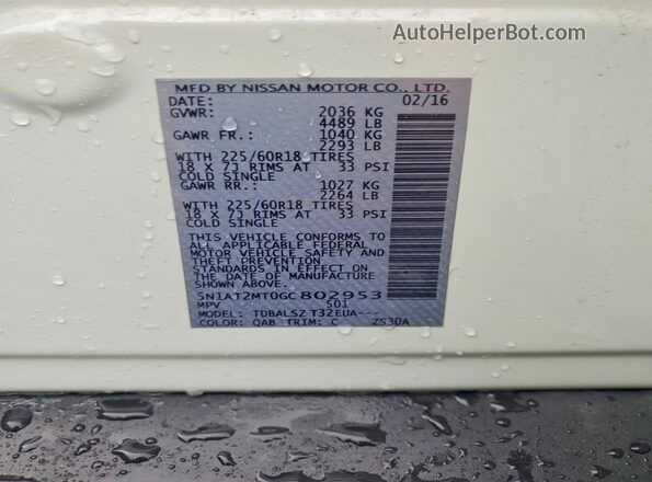5N1AT2MT0GC802953 2016 NISSAN ROGUE White VIN կոդի պիտակի տեսք