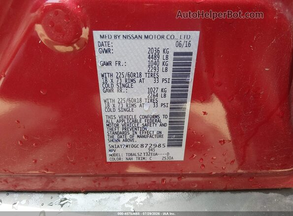 5N1AT2MT0GC872985 2016 NISSAN ROGUE Red ძრავის განყოფილების ხედი