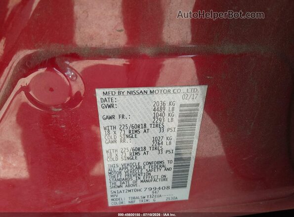 5N1AT2MT0HC799408 2017 NISSAN ROGUE Red Vista del compartimento del motor