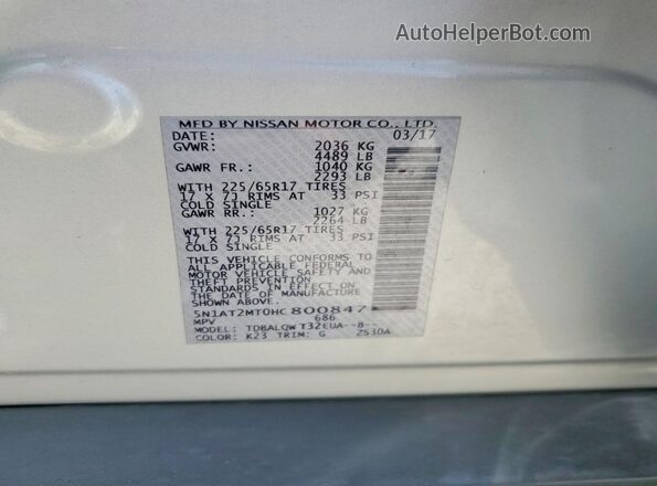 5N1AT2MT0HC800847 2017 NISSAN ROGUE Silver VIN կոդի պիտակի տեսք