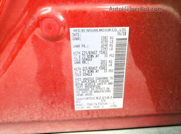 5N1AT2MT0JC823583 2018 NISSAN ROGUE Red Вид наклейки з VIN-кодом