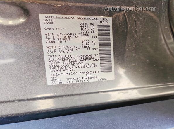 5N1AT2MT1GC760583 2016 NISSAN ROGUE Gray 360 interior view