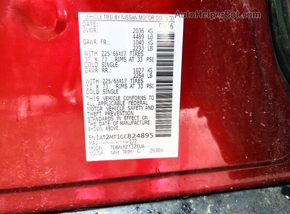 5N1AT2MT1GC824895 2016 NISSAN ROGUE Red Widok komory silnika