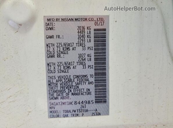 5N1AT2MT1HC844985 2017 NISSAN ROGUE White Vista de la etiqueta del VIN