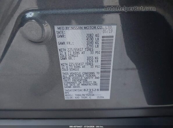 5N1AT2MT1KC823528 2019 NISSAN ROGUE Gray ძრავის განყოფილების ხედი