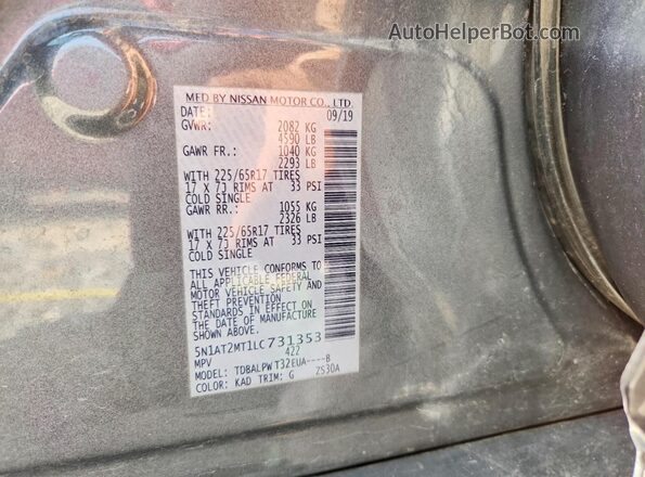 5N1AT2MT1LC731353 2020 NISSAN ROGUE Charcoal VIN sticker view