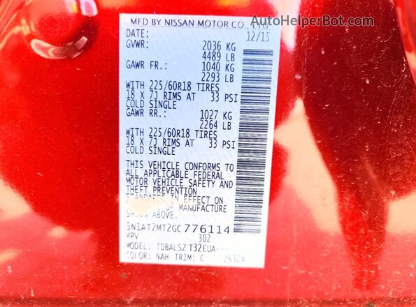 5N1AT2MT2GC776114 2016 NISSAN ROGUE Красный Вид наклейки с VIN-кодом