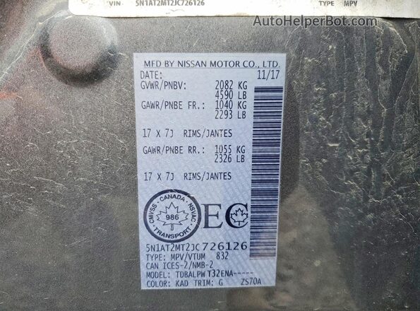 5N1AT2MT2JC726126 2018 NISSAN ROGUE Gray VIN კოდის სტიკერის ხედი