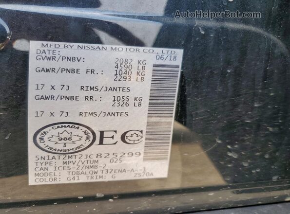 5N1AT2MT2JC825299 2018 NISSAN ROGUE Black Vista de la etiqueta del VIN