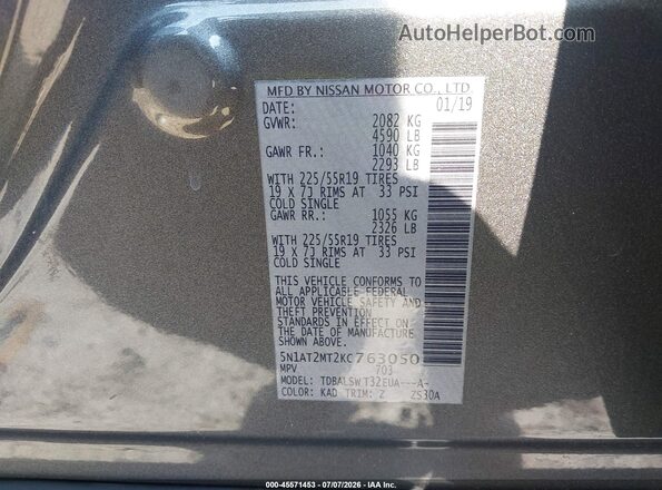 5N1AT2MT2KC763050 2019 NISSAN ROGUE Gray Engine compartment view