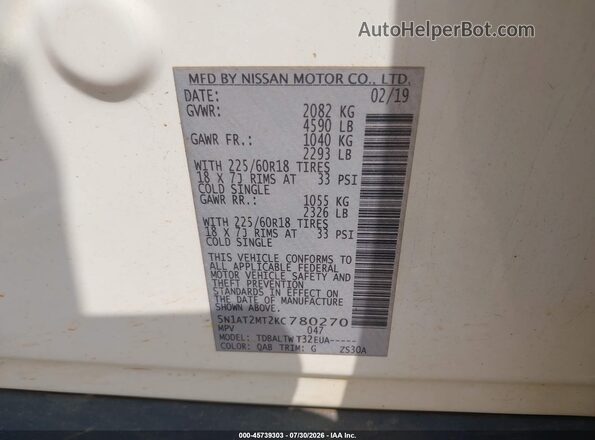 5N1AT2MT2KC780270 2019 NISSAN ROGUE White Engine compartment view