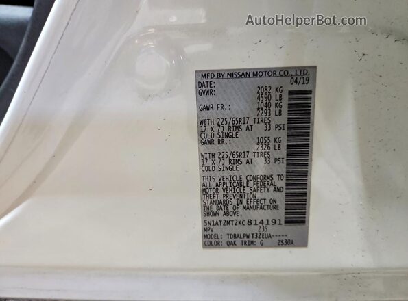 5N1AT2MT2KC814191 2019 NISSAN ROGUE Белый Вид наклейки с VIN-кодом