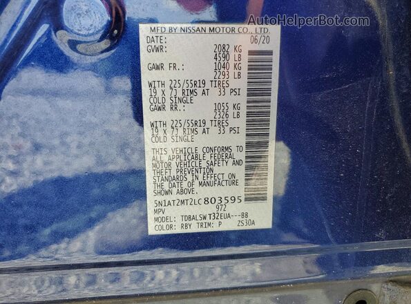 5N1AT2MT2LC803595 2020 NISSAN ROGUE Blue Vista de la etiqueta del VIN
