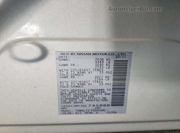 5N1AT2MT3GC745888 2016 NISSAN ROGUE Серебряный Вид наклейки с VIN-кодом